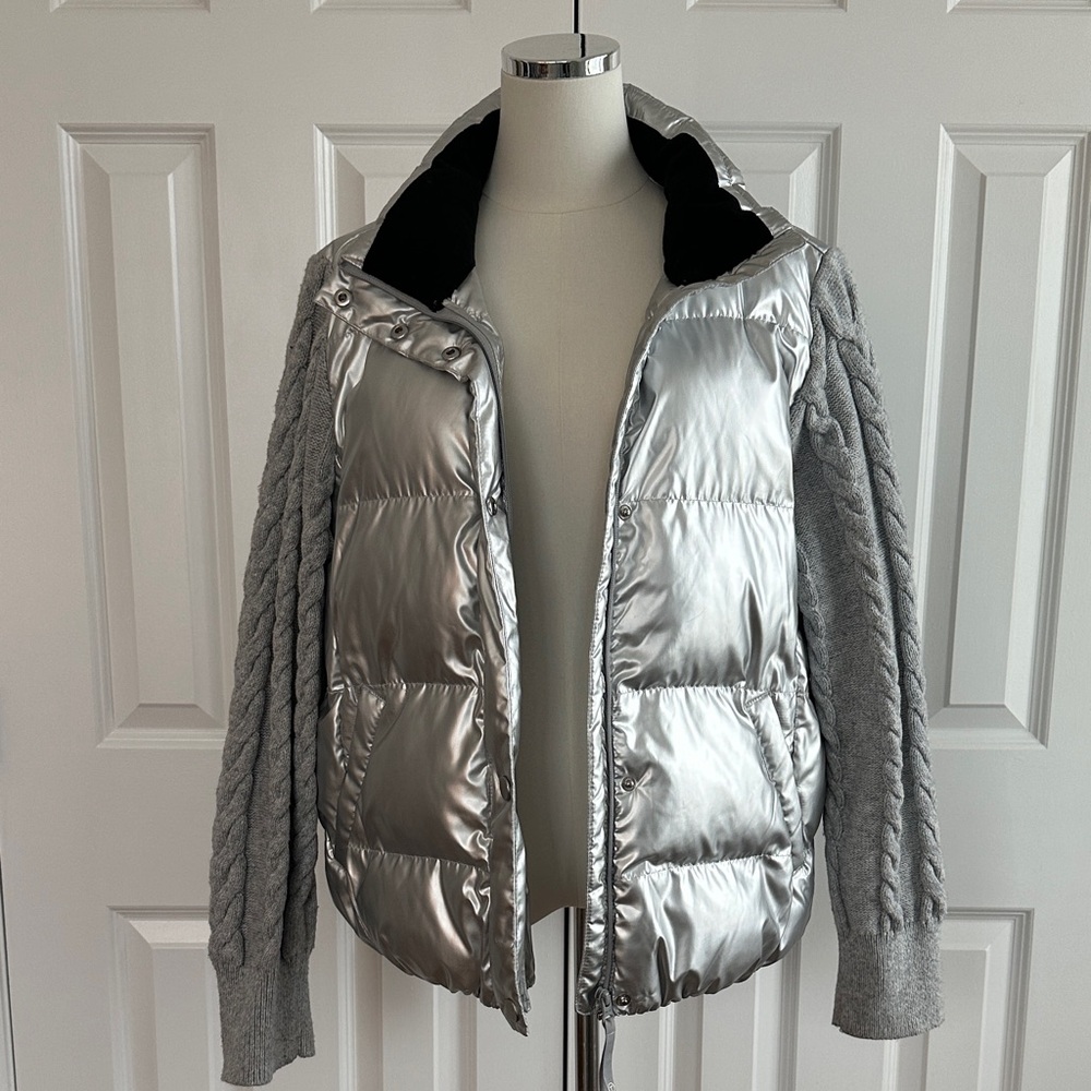 Talbots Metalic Silver Puffer Quilted Cable Knit Sweater Sleeves Jacket Size L